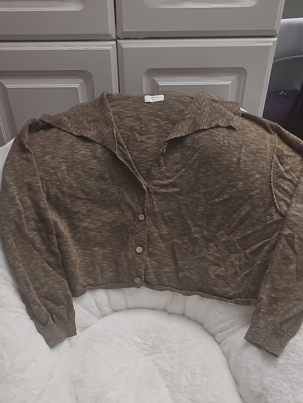 ⚜️Cropped Olive Brown Button-Front Knit Shirt Jacket